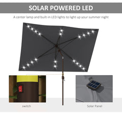 6.5x10ft Patio Umbrella Rectangle Solar Powered Tilt Aluminum Outdoor Market Parasol with LEDs Crank (Light Coffee)