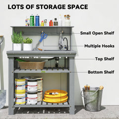 Outdoor Potting Bench Table with Faucet, Removable Sink, Hooks and Storage Shelves, Wood Work Bench Workstation, Grey