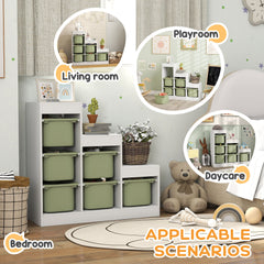 3 Layers Toy Storage Organizer Kids Bookshelf Children Toy Storage w/ 6 Plastic Bins, Green
