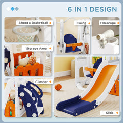 6-in-1 Slide and Swing Set Baby Swing Playset Indoor with Basketball Hoop, Climber, Storage Space, Telescope, Grey