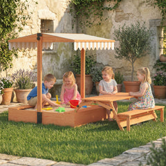 Kids Sandbox with Canopy, Wooden Sand Box with Foldable Picnic Table, Bench Seats, Liner, Cover, Gift for Ages 3-8