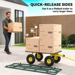 Garden Cart, Utility Wagon Cart with Removable Sides, Convert into Flatbed, 10" Wheels, 180° Rotating Handle, Green