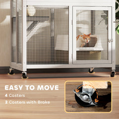 74" Wooden Outdoor Cat House Weatherproof & Wheeled with High Weight Capacity, Kitten Cage Condo, White