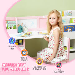 2Pcs Kids Desk and Chair Set with Whiteboard, Storage, Shelves, Grey