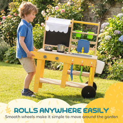 Mud Kitchen for Kids Outdoor with Wheels, Wooden Play Kitchen with Sink, Storage, Planting Pots, Blackboard, Yellow