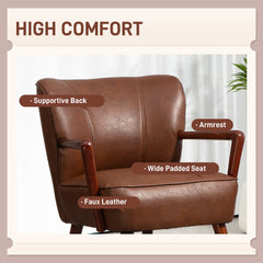 Accent Chair, Modern Armchair, Faux Leather Upholstered Living Room Chair with Wood Legs and Wide Padded Seat, Black