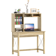 Computer Desk with Hutch, Home Office Table with Storage Shelves and Open Compartments for Writing, Work, Brown