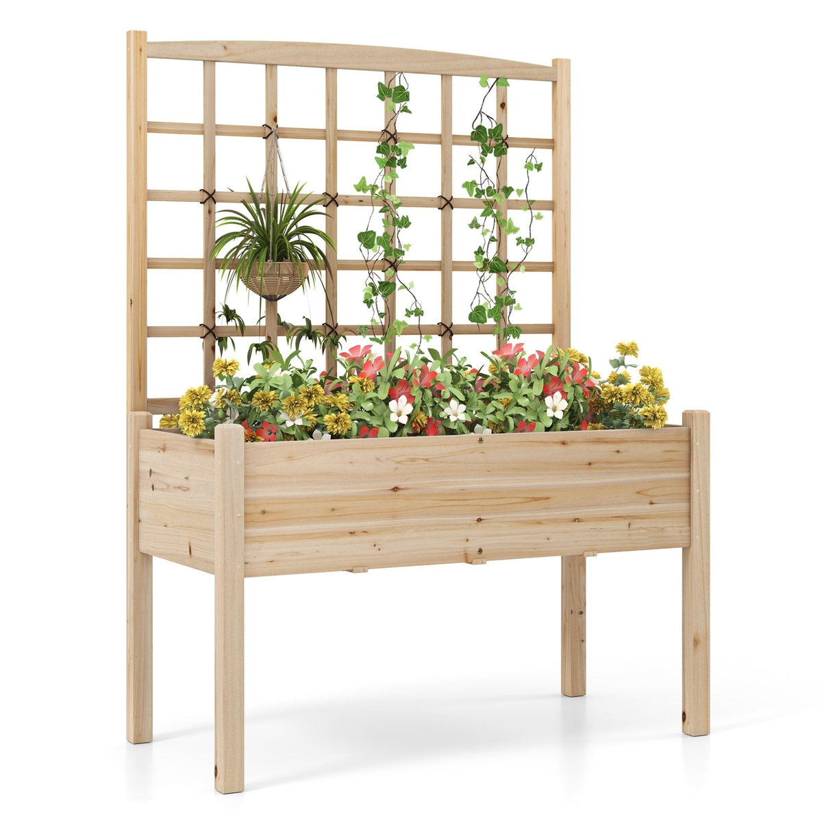 Raised Garden Bed with Lattice Trellis and Drainage Holes Elevated-Natural