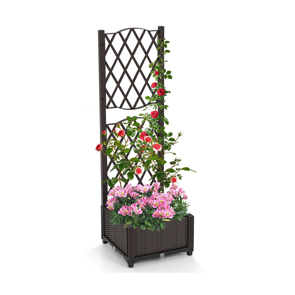 Raised Garden Bed with Diamond Trellis in Coffee, Self Watering Planter for Climbing Plants