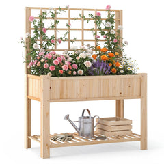 Raised Garden Bed with Trellis Wooden Elevated Planter Box with Legs-Natural
