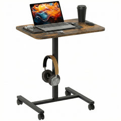 Height Adjustable Standing Desk, Pneumatic Sit Stand Desk with Wheels and Headphone Hook, Grey Wood Grain