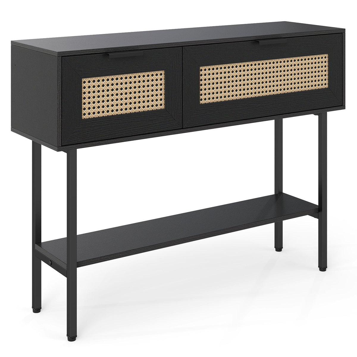 Rattan Console Table with 2 Storage Cabinets Shelf Carbon Steel Frame-Black