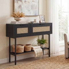 Rattan Console Table with 2 Storage Cabinets Shelf Carbon Steel Frame-Black