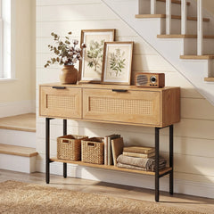 Rattan Console Table with 2 Storage Cabinets Shelf Carbon Steel Frame-Natural