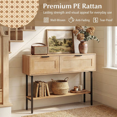Rattan Console Table with 2 Storage Cabinets Shelf Carbon Steel Frame-Natural