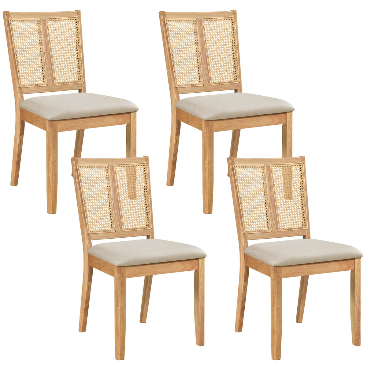 Set of 4 Twin Cane Panel Dining Chairs, Natural Rubber Wood with Beige Fabric Seats, 380 lb