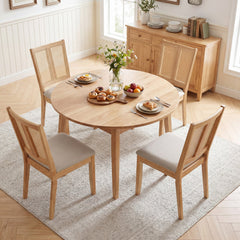 Set of 4 Twin Cane Panel Dining Chairs, Natural Rubber Wood with Beige Fabric Seats, 380 lb