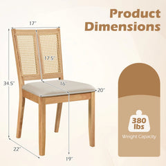 Set of 4 Twin Cane Panel Dining Chairs, Natural Rubber Wood with Beige Fabric Seats, 380 lb