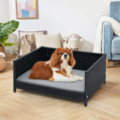 Rattan Dog Bed with Waterproof Soft Cushion for Medium Small Dogs Cats-Gray