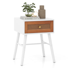 Rattan Front Nightstand, Mid Century Accent Table with Drawer, White