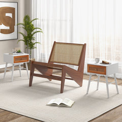 Rattan Front Nightstand, Mid Century Accent Table with Drawer, White