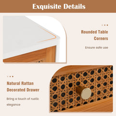 Rattan Front Nightstand, Mid Century Accent Table with Drawer, White