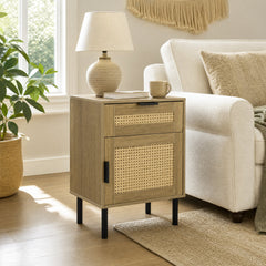 Rattan Nightstand with Drawer and Storage Cabinet for Bedroom Dorm-Natrual