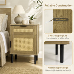 Rattan Nightstand with Drawer and Storage Cabinet for Bedroom Dorm-Natrual
