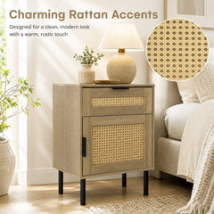 Rattan Nightstand with Drawer and Storage Cabinet for Bedroom Dorm-Natrual
