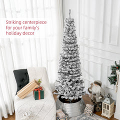 6ft Flocked Christmas Tree, Pencil Christmas Tree with Realistic Branch Tips, Folding Metal Stand, Green