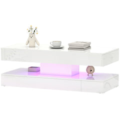 Coffee Table with Adjustable LED Lights, Modern Living Room Table with 2 Drawers, Open Shelf, Remote, High Gloss White