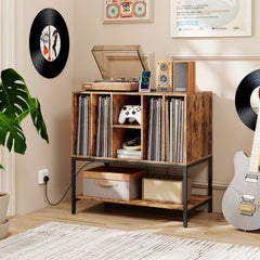 Record Player Stand with Charging Station and Metal Frame-Rustic Brown