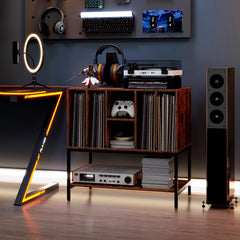 Record Player Stand with Charging Station and Metal Frame-Rustic Brown