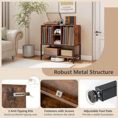 Record Player Stand with Charging Station and Metal Frame-Rustic Brown