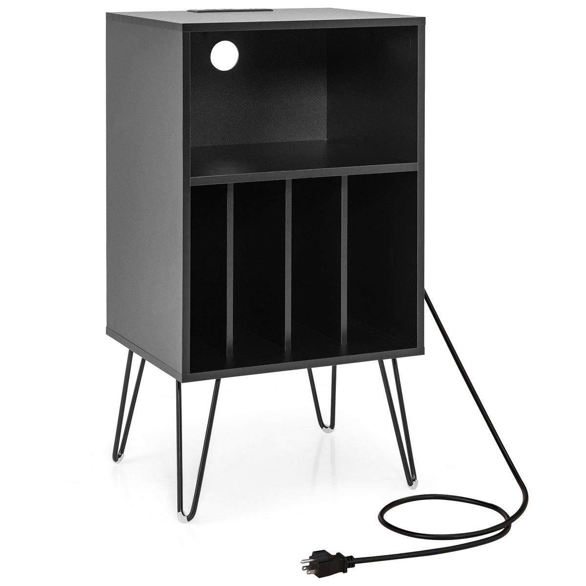 3-Tier Record Player Stand with Charging Station, Black