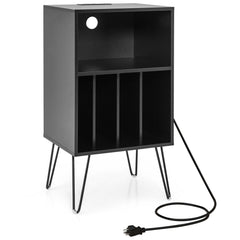 3-Tier Record Player Stand with Charging Station, Black