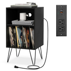 3-Tier Record Player Stand with Charging Station, Black
