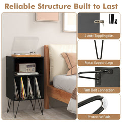 3-Tier Record Player Stand with Charging Station, Black