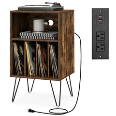 3-Tier Record Player Stand with Charging Station, Rustic Brown