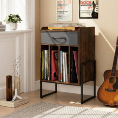 Record Player Stand with Drawer and Record Holder-Rustic Brown