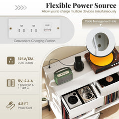 Record Player Stand with Power Outlets Double Wide Turntable Stand Vinyl Record Storage Table-White