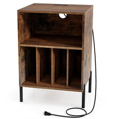 Record Player Stand with Record Storage Shelf and Charging Station-Coffee
