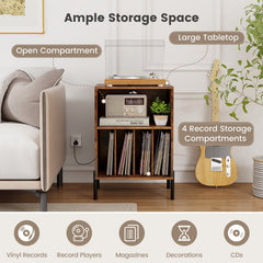 Record Player Stand with Record Storage Shelf and Charging Station-Coffee