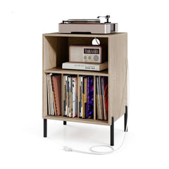 Record Player Stand with Vinyl Storage and Charging Station, Natural
