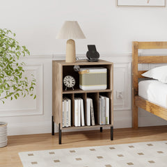 Record Player Stand with Vinyl Storage and Charging Station, Natural