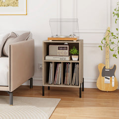 Record Player Stand with Vinyl Storage and Charging Station, Natural