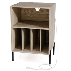 Record Player Stand with Vinyl Storage and Charging Station, Natural