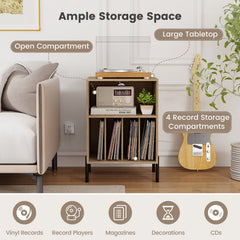 Record Player Stand with Vinyl Storage and Charging Station, Natural