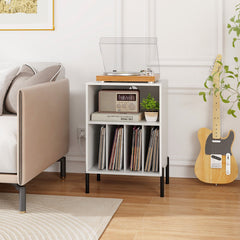 Record Player Stand with Record Storage Shelf and Charging Station-White
