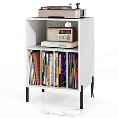 Record Player Stand with Record Storage Shelf and Charging Station-White
